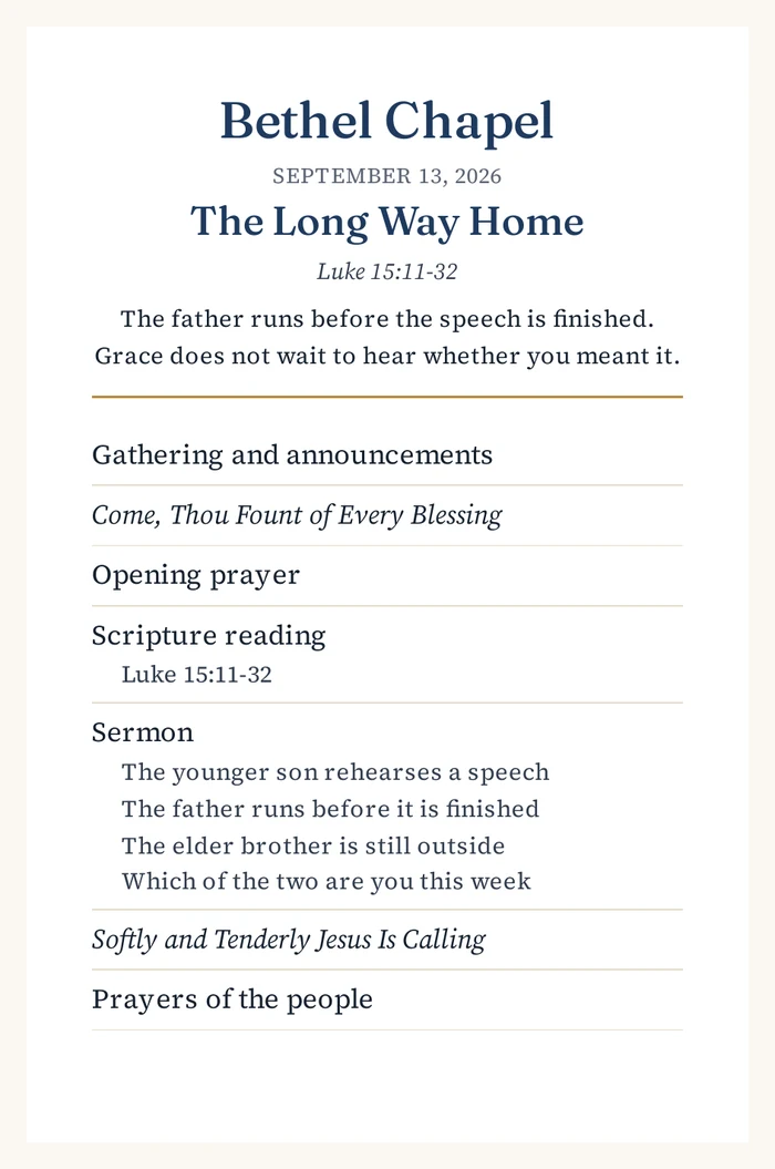 The same church bulletin in the large-print design, set at a bigger type scale on the same half-fold page