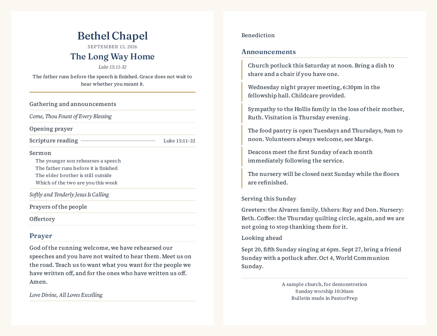 Both printed sides of a half-fold church bulletin made in PastorPrep. The front carries the church name, date, sermon title, scripture reference and full order of service with hymn numbers. The back carries the announcements, the serving rota and a looking-ahead list.