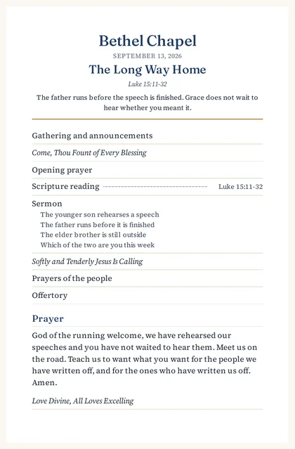 The front page of a half-fold church bulletin made in PastorPrep, showing the church name, sermon title, scripture reference and order of service