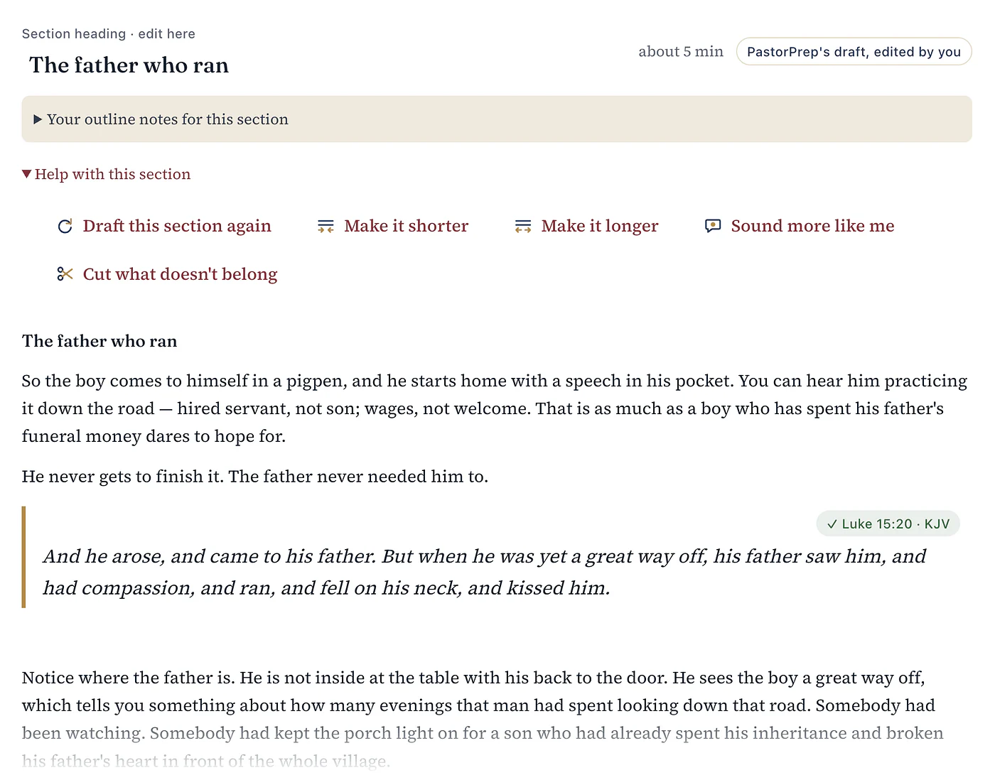 A drafted section titled The father who ran, tagged PastorPrep's draft, edited by you, with buttons for drafting again, shortening, lengthening, sounding more like the pastor and cutting, and Luke 15:20 quoted from the King James Version with a checked verse badge
