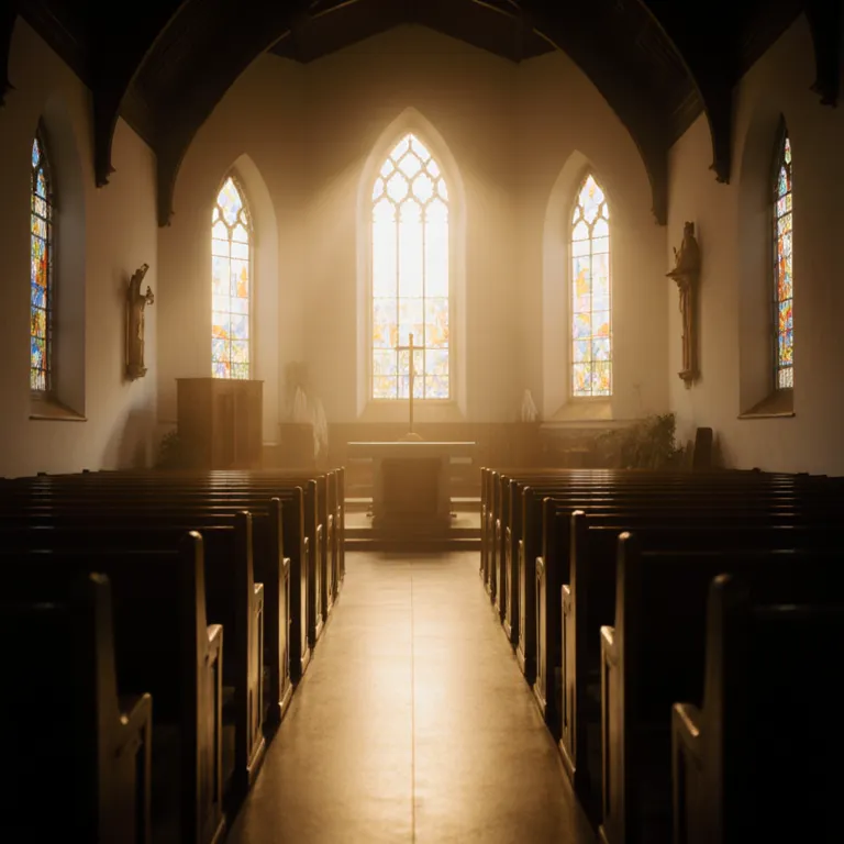 A quiet church sanctuary at dawn, golden morning light falling across empty wooden pews
