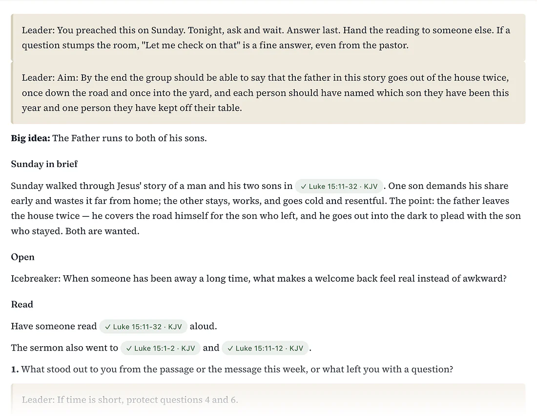 A study guide for Luke 15:11-32 with shaded leader notes, the big idea The Father runs to both of his sons, an icebreaker, and checked verse references