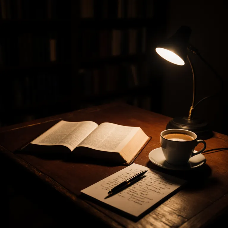 A pastor's study late on Saturday night — open Bible under a desk lamp, handwritten sermon notes, and a cooling cup of coffee